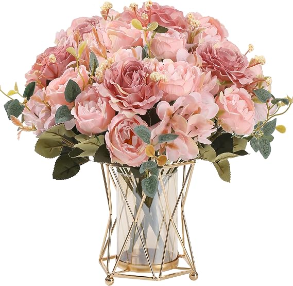 HNVNER 4 Bunches Artificial Silk Flowers Pink Fake Peony Flower Bouquet for Wedding Party Table Centerpieces Floral Arrangement Home Kitchen Decor