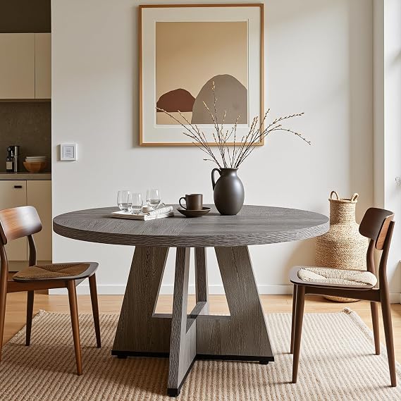 Tribesigns Farmhouse Dining Table, 120 cm Round Dinner Table for 4, Rustic Wood Dining Room Table for Home Dining Room Living Room (Easy Assembly) (Grey)