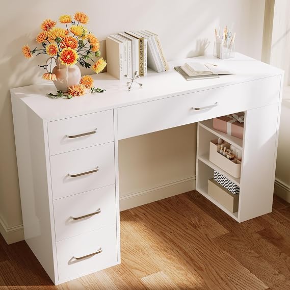 ELEGANT Dressing Table with 5 Drawers and 2 Shelves, Vanity Desk with Partition Storage, White Modern Makeup Table for Girls Bedroom Furniture, 120W x 40D x 77H cm