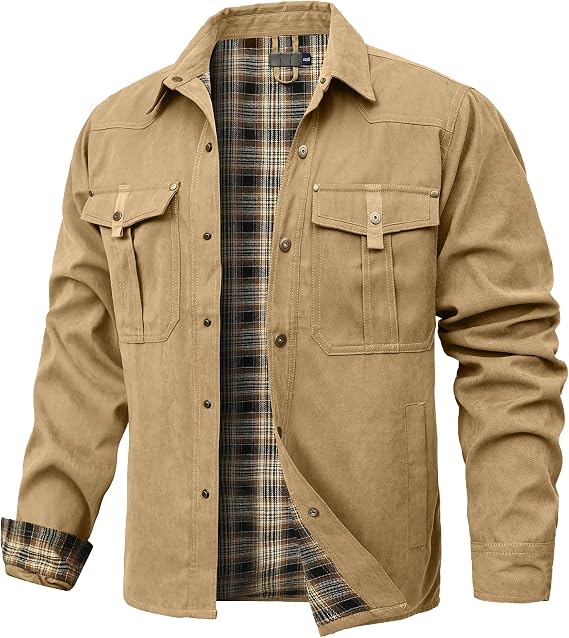 Zaitun Men's Flannel Lined Shacket Jacket Plaid Brushed Lining Cowboy Western Twill Outdoor Shirt Jacket