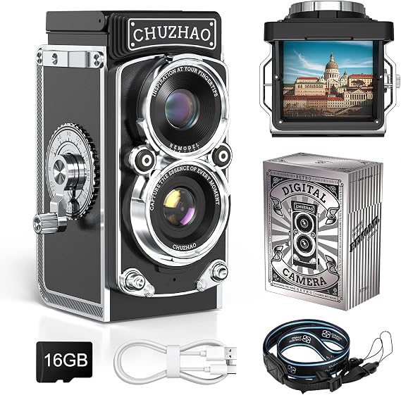 CHUZHAO Retro Digital Camera Digital Camera Retro 1080P Photo Video Function 12MP Auto Focus 1.54" Screen Compact Vintage Mini Digital Camera Portable TLR Style for Adults Blogging/Travel/Beginner/Camera Geek 16GB Card, Japanese Instruction Manual, Strap
