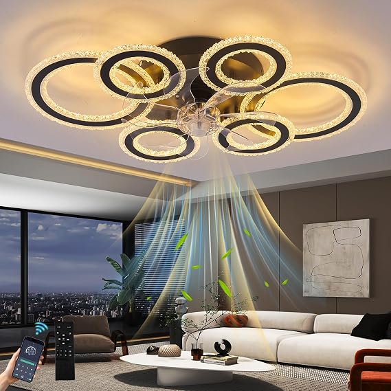 Large Modern Ceiling Fans with Lights with Remote and App,80w Fan Light with 6 Speeds and Silent,Led Fan Lamp with Reversible and Dimmable for Bedroom Living Room Dining Room,Black