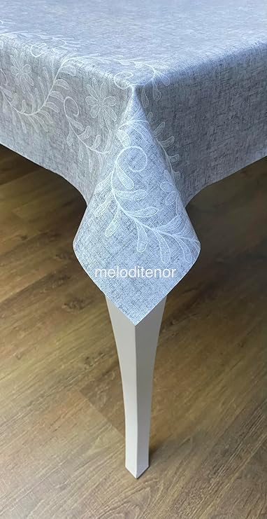 Kenarlı kanaviçe işleme nakışlı kumaş desen silinebilir dikdörtgen pvc muşamba masa örtüsü (Gri, 100 x 140)