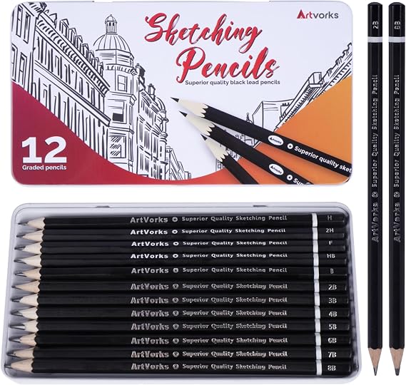 12 Pcs Drawing Pencils Set 8B 7B 6B 5B 4B 3B 2B B HB F H 2H in Metal Case Professional Sketching Pencils for Artists & Beginners Drawing, Sketching, Shading