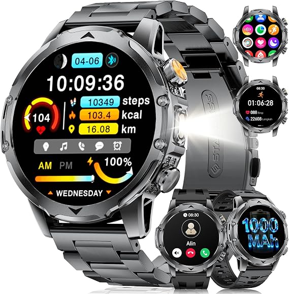 Smartwatch Men's Military 1000 mAh Battery/3 Bracelets/1.53 Inch HD Display Smartwatch with Torch 120+ Sports Modes Fitness Watch with Heart Rate/Sleep Monitor for Android iOS Black