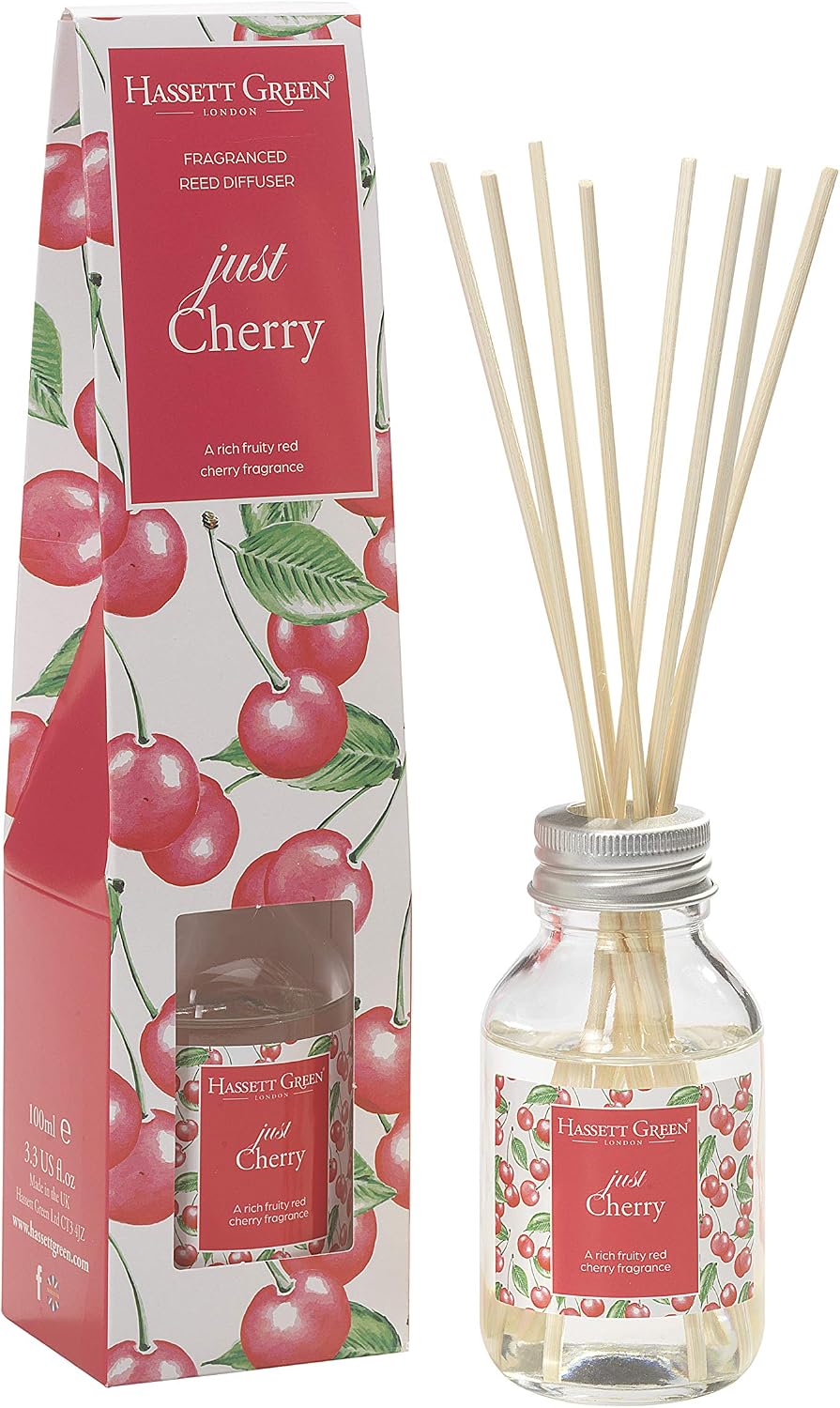 Just Cherry Fragrance Oil Reed Diffuser 100ml - Long Lasting Home Indoor Fragrance - with 8 Rattan Reeds