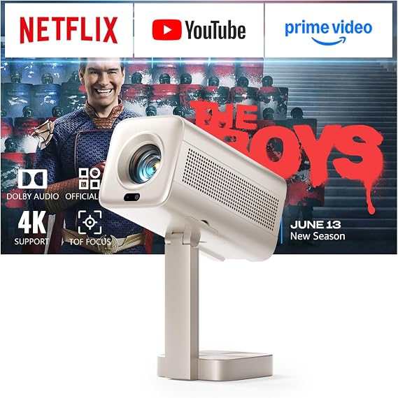Smart Mini Projector 4k [Netflix Included & 1800 ANSI] VOPLLS TOF Auto Focus & Keystone Dolby Audio Projector for Bedroom, Full HD 1080P WiFi6 Bluetooth Home Movie Outdoor Portable Projectors