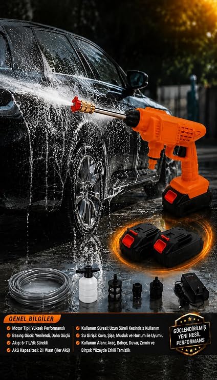 21V Şarjlı Basınçlı Yıkama Tabancası Çift Akülü Köpük Hazneli Set