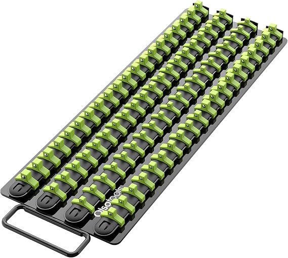 Olsa Tools Portable Socket Organizer Tray | Black Rails with Green Clips | Holds 80 Sockets | Professional Quality Socket Holder