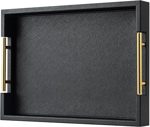 Black Rectangle Serving Tray with Gold Handles for Party,Large Wood Decorative Tray for Ottoman,Faux Leather Coffee Table Tray Decor