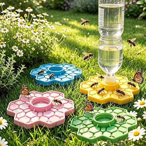 3D Printed Bee Watering Station for Garden, 4-Pack (Yellow, Pink, Blue, Green) Bee Drinking Station, 10x10cm Bee Bath Fits 3cm Water Bottles, Outdoor Bee Feeder Cups