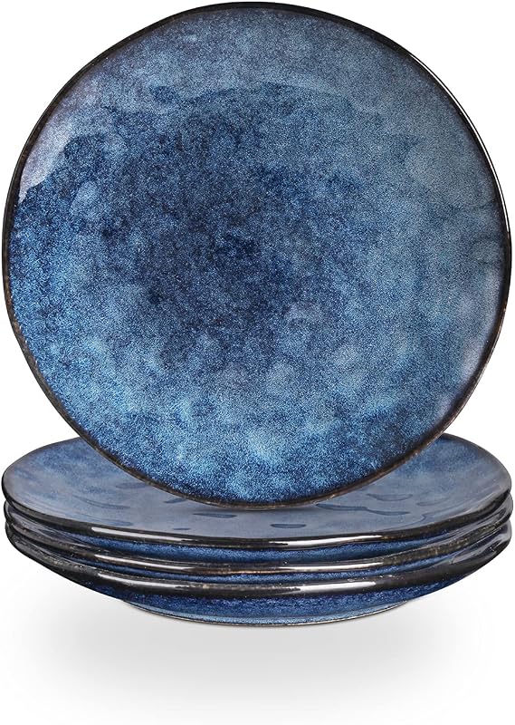 vicrays Porcelian Round Dessert Plate, 20.3 cm, Microwave, Oven, Dishwasher Safe, Scratch Resistant, Porcelain Fluted Suitable for Salad, Fruit, Snack, Home, Party, Set of 4 (Coral Blue)