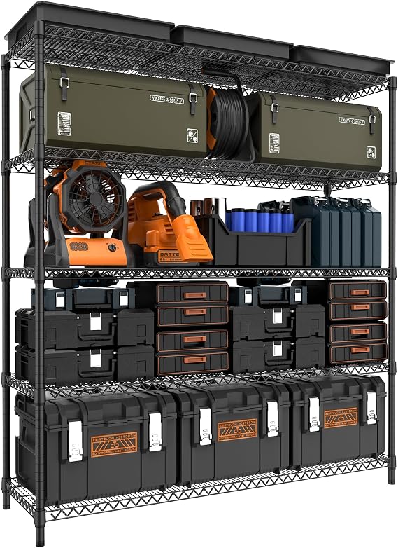M MZG 5-Shelf Storage Unit With Height Adjustable Shelves and Levelling Feet Total Load Capacity 1498 kg Heavy Duty Rack Wire Pantry Shelves for Tool Shed, Garage Storehouse Black 45 x 150 x 178.7 cm