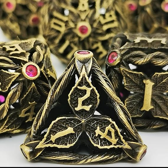 中空マジックつるの葉メタルダイスセット Dndダイスセット ロールプレイングダイス D&d ダンジョンズ&ドラゴンズ ダイス 古代ブロンズ+レッドジェム