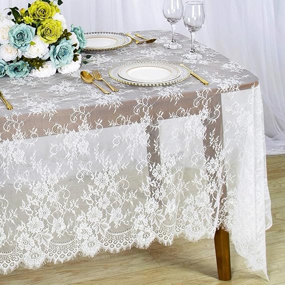 Aputue Masa Örtüsü, 150x300 cm Ketenden Yapılmış, Yemek Masası İçin, Beyaz Dantel Desenli, Catering Etkinlikleri, Akşam Yemek Partileri ve Düğün Dekorasyonları İçin Şık Masa Örtüsü