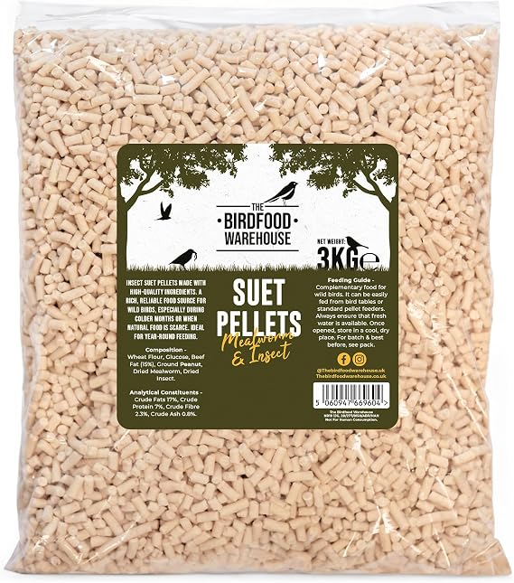 Mealworm & Insect Suet Pellets 3kg | Premium Suet for Wild Garden Birds, High Energy Bird Food, All Year Feed