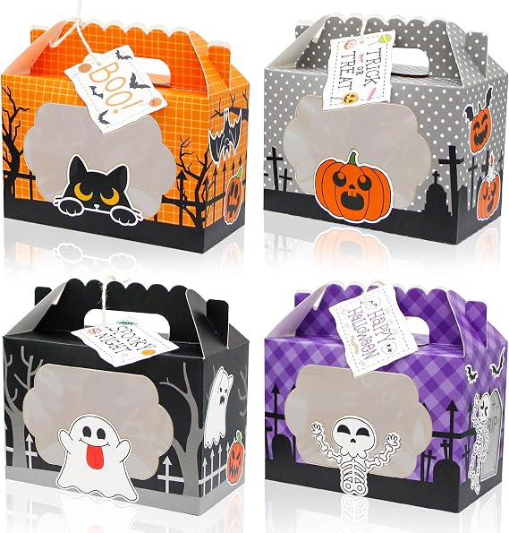 Hpscdyo 24 Pcs Halloween Treat Boxes, Trick or Treat Candy Boxes with Window Halloween Party Favors Gift Goodie Boxes Supplies for Cookie Biscuit Donuts Dessert Cupcake Pie
