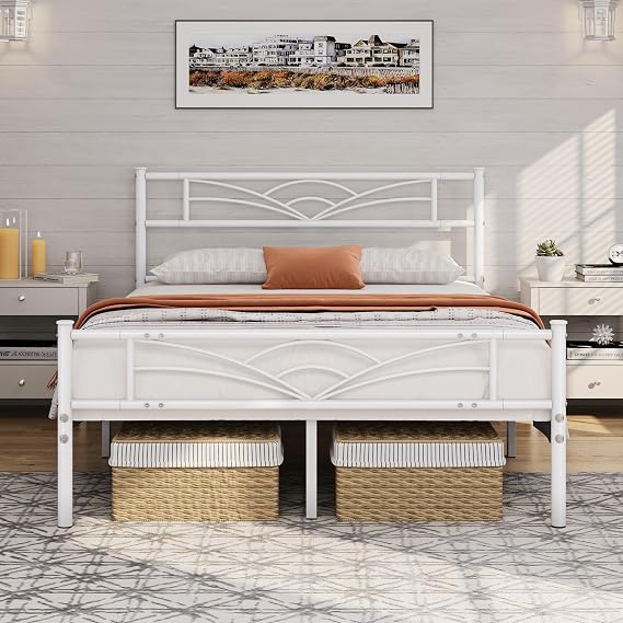 Yaheetech Double Bed with Headboard 135 x 190 cm Height 32 cm White