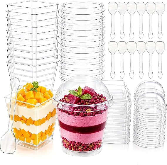 60 PCS Plastic Dessert Cups,150ML+200ML Reusable Clear Mini Dessert Cups with Lids & Spoons,Multifunctional Stackable Dessert Pots for Puddings,Cheese,Sweet,Birthday,Halloween Party (Square+Round)