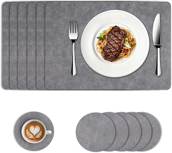 Placemats and Coaster Sets 6, 43 * 30 Waterproof Table Mats, Grey
