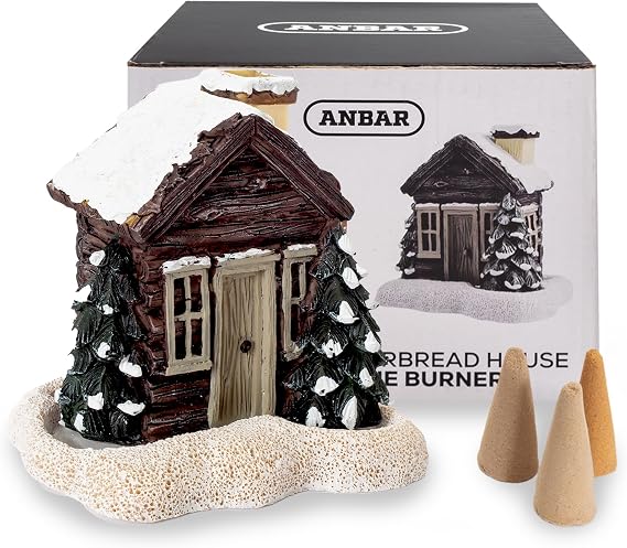 Anbar Backflow Incense Cone Burner Log Cabin, Gingerbread House, Christmas, Fall, Winter, Seasonal, and Holiday Home Decor, Decorative Living Room, Bedroom, or Kitchen Ornament (Winter Log Cabin)