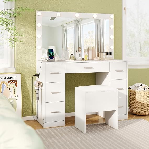 COSTWAY Dressing Table with 3-Color Large LED Mirror and Cushioned Storage Stool, Wooden Makeup Table Vanity Desk Set with 11 Dimmable LED Lights Bulbs, Power Outlet and 7 Drawers for Bedroom, White