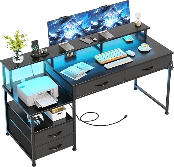 MUTUN 135cm Computer desk with Power Outlet and Drawers, Black