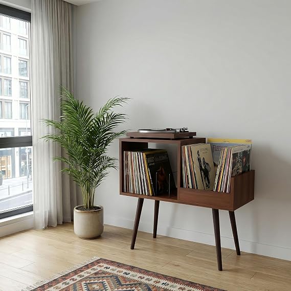 Pera 44x78x80cm Ahşap Retro Pikap Sehpası, Metal Raflı Plak Organizer, Plak Düzenleyici, Pikap Dolabı, Yan Sehpa (Ceviz)