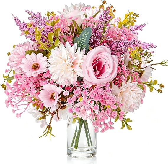 22 Pcs Pink Artificial Flowers Peony Hydrangea Faux Gypsophila Bouquet