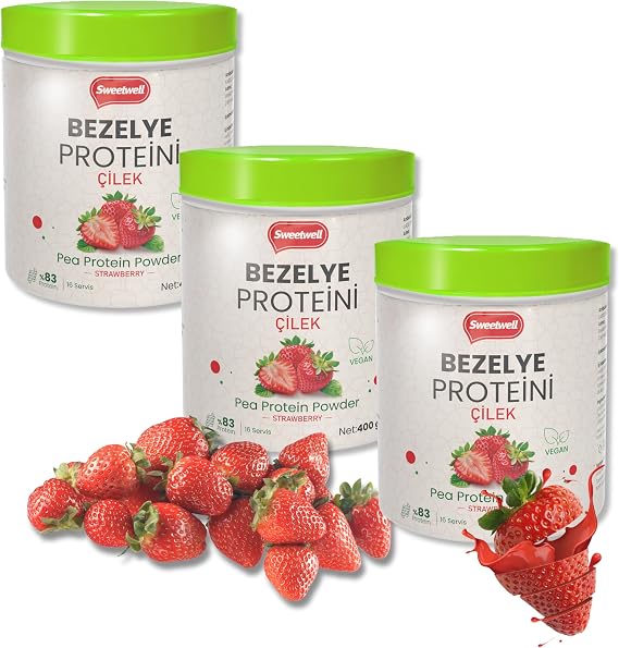 Sweetwell Çilek Aromalı Vegan Bezelye Proteini Tozu 400 gr X 3 Adet -%83 Protein Içerir Pae Protein Powder