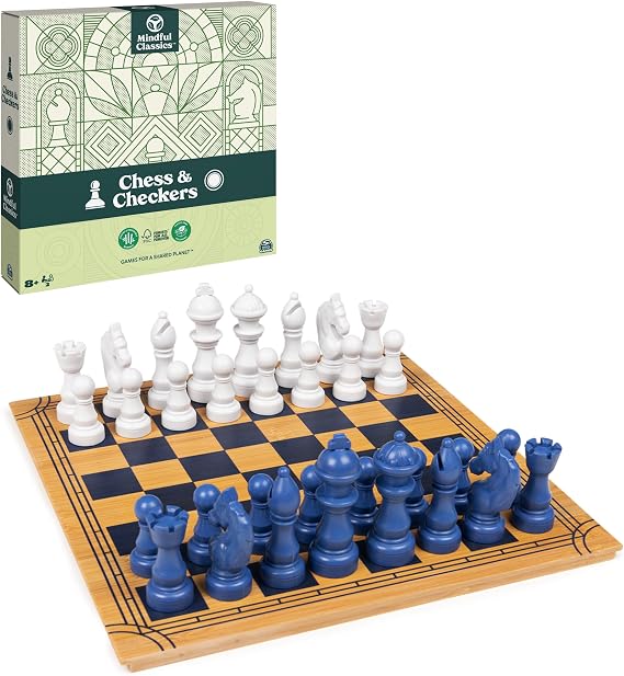 Mindful Classics Dikkatli Klasikler, Satranç Dama Tahta Oyun Seti, Bambu Ahşap Kutulu Aile Masa Oyunları Çevre Dostu Hediye, 8 Yaş ve üzeri Çocuklar için