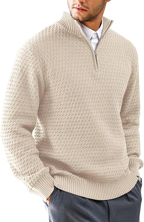 HYPESTFIT Mens Quarter Zip Sweater Mock Neck Knitted Pullover Long Sleeve Jumper Casual Top