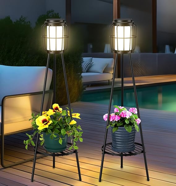 VISFLAIR 2 Pack Solar Floor Lamps with Plant Stand, Outdoor Iron Lamps for Patio Deck Porch Yard Garden Decor