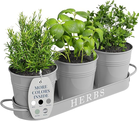 Barnyard Designs Indoor Herb Garden Planter Set with Tray, Metal Windowsill Plant Pots with Drainage for Outdoor or Indoor Plants, Grey, Set/3