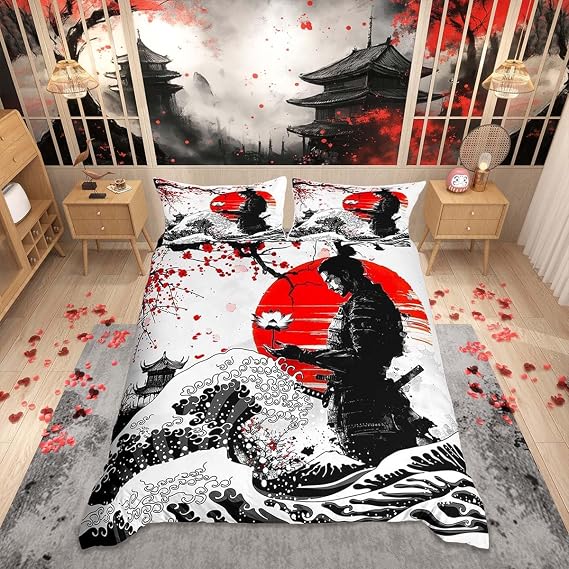 Loussiesd Samurai Duvet Cover Set Double Size Cherry Blossoms Bedding Set Kids Boys Girls Japanese Ocean Wave Duvet Cover with 2 Pillowcases Japanese Style Sunset