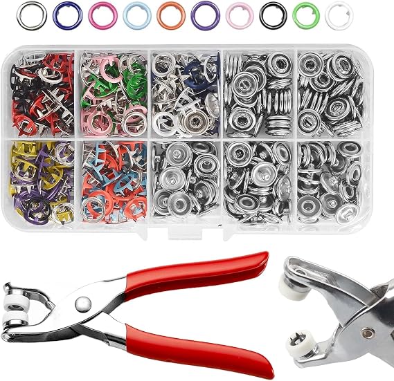 400 Sets Press Studs Snap Fasteners, 9mm No Sewing Poppers Fasteners with Plier Storage Box, Multicolor Metal Snap Fastener Kit for DIY Clothes