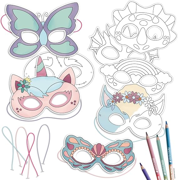 Papierdrachen Craft Set for Children - 8 Paper Masks for Colouring & Crafts - Creative Set Including Elastic Band - Various Designs - Ideal for Children's Birthday Parties & Fancy Dress - from 3 Years