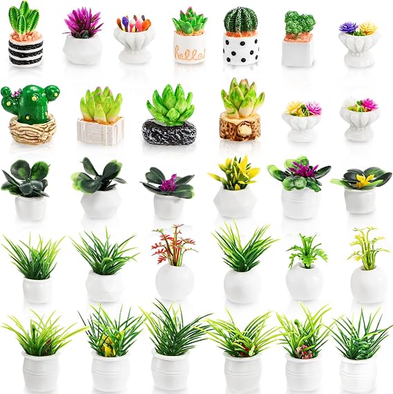 Pumtus 31 PCS Miniature Potted Plants, Vivid Mini Artificial Bonsai Plants, 1:12 Resin Tiny Dollhouse Flowerpot Decor, Realistic Fake Greenery Ornament, Cute Succulent Planter Models for DIY Crafts