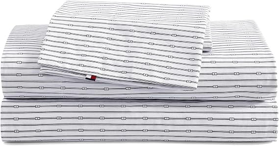 Tommy Hilfiger - Sheet Set, Cotton Percale Bedding with Matching Pillowcases, Crisp & Cool, Premium Quality Home Essentials (Monogram Stripe Navy, Full)