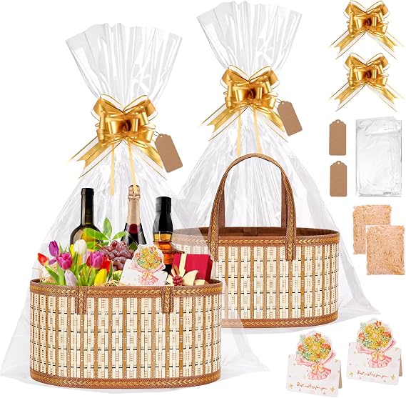 Dreamtop 2 Set Empty Hamper Baskets, Woven Bamboo Gift Basket Hamper Kit with Handles, Sturdy Hamper Baskets for Gifts Empty to Fill for Christmas Birthday Baby Shower Wedding Gift