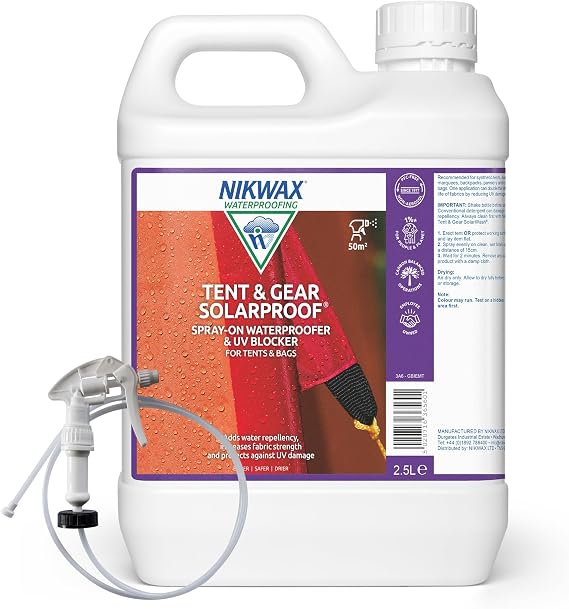 Nikwax TENT & GEAR SOLARPROOF Spray-on Waterproofer 2.5L with Spray-Head Attachment, Tent Waterproofing Spray and UV Blocker for Synthetic Textiles, Adds Water Repellency, Increases Fabric Strength