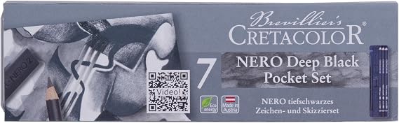 CRETACOLOR Nero Pocket Set for Urban Sketching 7-Piece Charcoal/Charcoal Drawing Set Various Hardness Levels Including Medium Extra Soft Hard