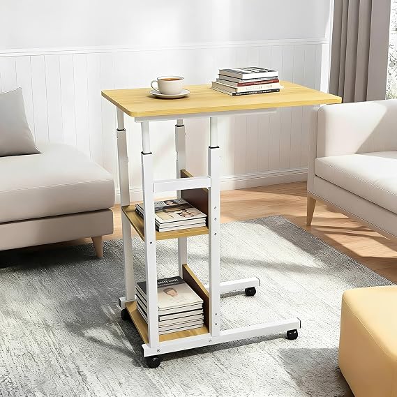 Adjustable C Shaped Bedside Table with Lockable Wheels and 2 Storage Shelves, Sofa Table Side Table Bed Table Height Adjustable 70 to 80 cm for Living Room and Bedroom, Wood Color