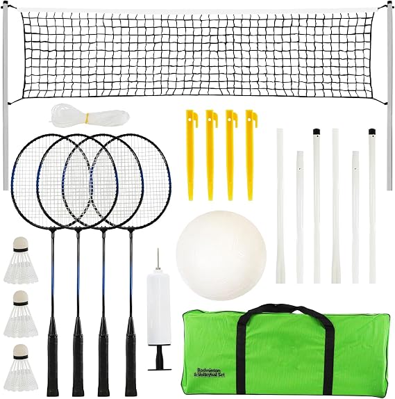 The Magic Toy Shop 2-in-1 Portable Badminton and Volleyball Set for 4 Players with Adjustable Net – Rackets, Shuttlecocks, Volleyball, Carry Bag – Outdoor Sports for Garden, Beach