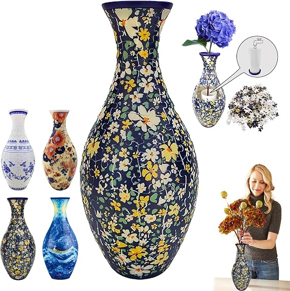 3D Puzzle Vase, 3D Jigsaw Puzzles for Adults, Unique Arts Flower Jigsaws for Flowers Arrangement and Home Decor, Detachable Puzzle Planter Made By 160 Curved Plastic Puzzles Pieces (Flower)