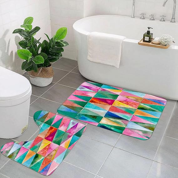 2 Pieces Bath Mat Set,Machine Washable & Non Slip Mats for Bathroom Set,Soft Superfine fiber Rugs Mat,Сolored triangles watercolors.Popular creative print.Pink green blue triangl