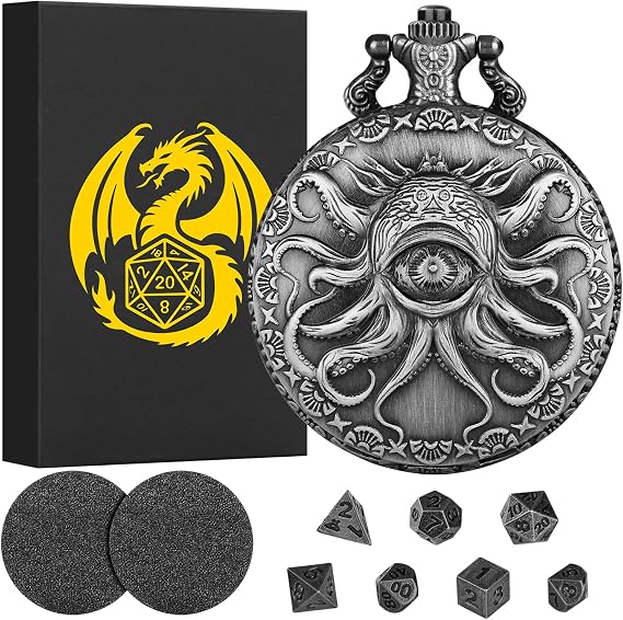Mini DND Dice Set Steampunk One-Eyed Octopus Pocket Watch Case, 7-Piece Polyhedral Metal D&D Dice Set, DND Gifts with Gift Box, Roleplaying Board Game Accessory Dice, Dark Silver