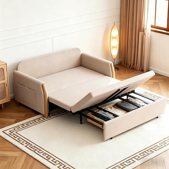 Convertible Sofa Bed with Storage, 3-in-1 Pull Out Sleeper Sofa, Beige Linen Fabric, Carbon Steel Frame, 137cm Width (Beige, 137cm)
