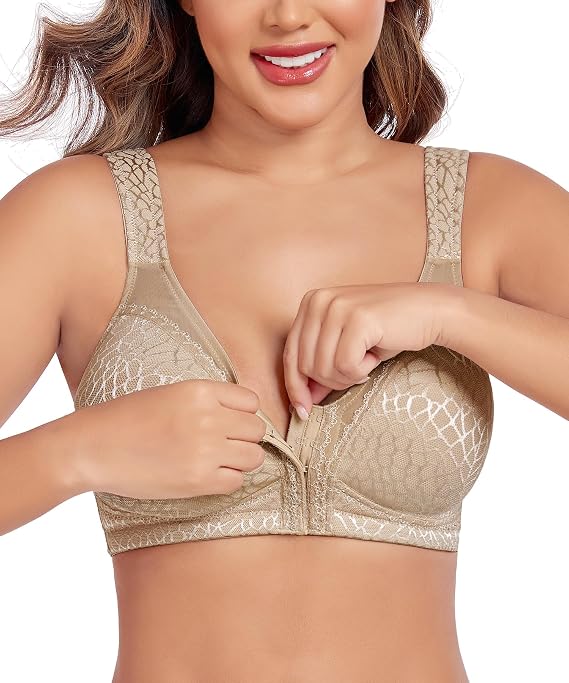 Women's Front Closure Back Support Minimiser Bra Full Figure Jacquard Beige 40DD