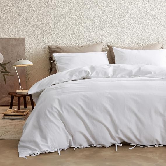 Simple&Opulence Linen Duvet Cover Set Double, Cozy Breathable Blend Bedding Set with Bow Tie, Warm Autumn Quilt Cover, Luxury Hotel-Quality, Elegance & Romantic for Girls (Off White,200x200cm)